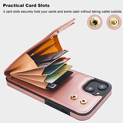 Folosu Compatible with iPhone 14 Plus Case Wallet with Card Holder, 360°Rotation Finger Ring Holder Kickstand, RFID Blocking Leather Protective Double Buttons Shockproof Cover 6.7 Inch Rose Gold - color: Rose Gold, size: iPhone 14 Plus