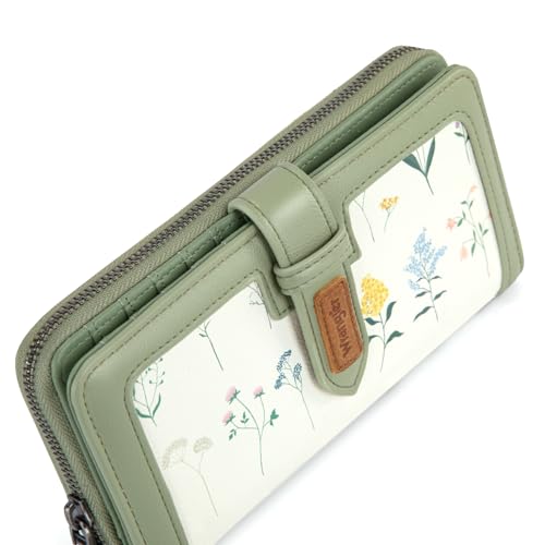 X Wrangler Women's Wallets Bifold Wristlet Wallets for Women Large Capacity Credit Card Wallet with ID Window - color: Floral-light Green