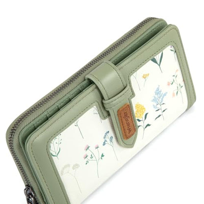 X Wrangler Women's Wallets Bifold Wristlet Wallets for Women Large Capacity Credit Card Wallet with ID Window - color: Floral-light Green