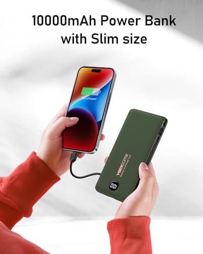 VEEKTOMX 10000mAh Portable Charger with Built-in Cables & Wall Plug - color: Dark Green