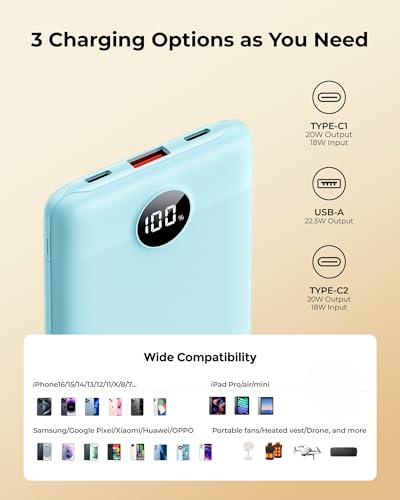 Small Portable Charger 10000mAh 20W Fast Charging Mini Power Bank, Blue - color: Blue
