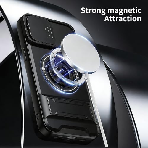 Dssairo for iPhone 15 case with 360°Rotation Magnetic Ring Compatible with MagSafe Slide Camera Cover Foldable Stand Military-Grade Shockproof Protective case (Black, iPhone 15) - color: Black, size: iPhone 15