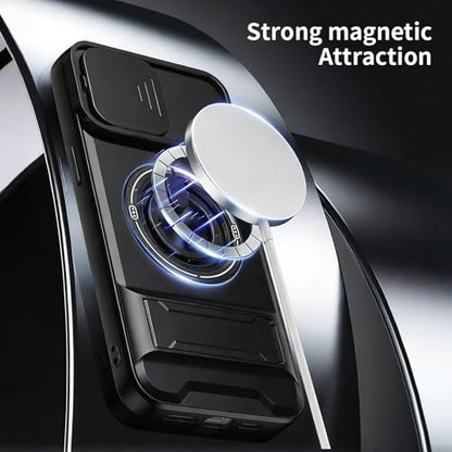 Dssairo for iPhone 15 case with 360°Rotation Magnetic Ring Compatible with MagSafe Slide Camera Cover Foldable Stand Military-Grade Shockproof Protective case (Black, iPhone 15) - color: Black, size: iPhone 15