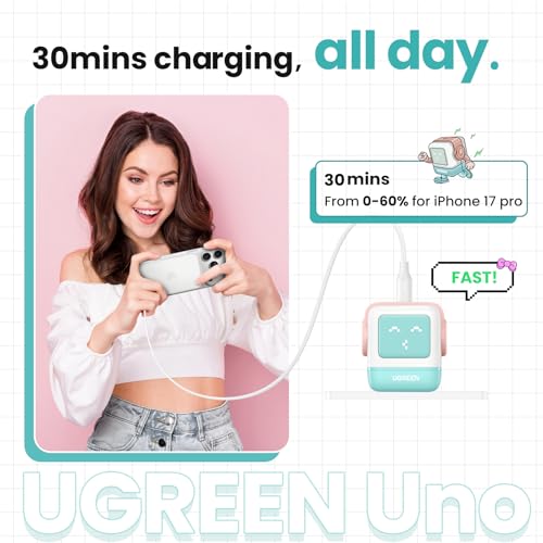 UGREEN Uno 30W USB C Charger, Compact Robot GaN Fast Charging Block, Green - color: Pink Blue