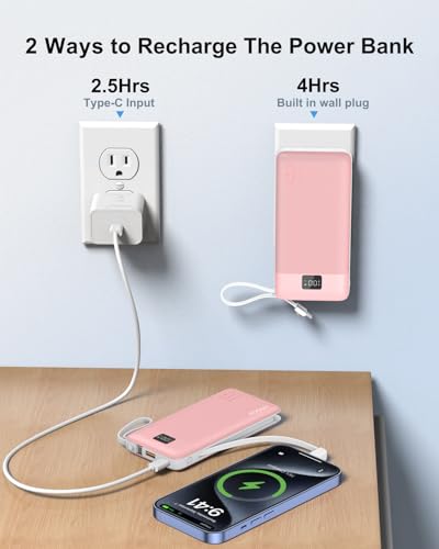 Portable Charger 10000mAh Power Bank w/Built-in 3 Cables & AC Wall Plug - color: Pink