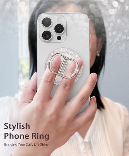 Magnetic Phone Ring Grip Finger Kickstand, Twinkle Transparent Magnetic Double Rings Holder for iPhone 17 16 15 14 Pro Max Plus (Titanium) - color: Titanium
