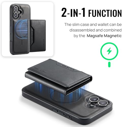 K2 2 in 1 Detachable Magnetic Phone Cases Compatible with iPhone 17 Case with Card Holder RFID Blocking, Compatible with Magsafe Wallet, Leather 6.3'' (Black, iPhone 17) - color: Black, size: iPhone 17