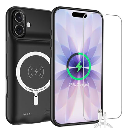 Battery Case for iPhone 17, 10000mAh High-Capacity Protective Rechargeable Extended Charger Power Case Compatible Qi Magsafe with iPhone 17 (6.3 inch) Wireless Charging Case Support Carplay (Black) - size: iPhone 17