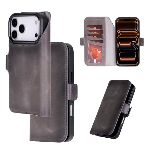 Bayelon Leather Folio Case for iPhone 17 Pro 6.3", Flip Cover Card Holder, Genuine Leather Case, Folio Wallet Case, MagSafe Compatible Shockproof Flip Cover, Rfid Blocking -Smoked Black - color: Smoked Black, size: iPhone 17 Pro