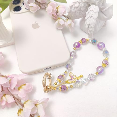 Cute Phone Wrist Strap Chic Beaded Cellphone Lanyard Phone Charm Grip Strap - color: Purple Butterfly