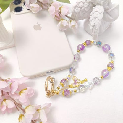Cute Phone Wrist Strap Chic Beaded Cellphone Lanyard Phone Charm Grip Strap - color: Purple Butterfly