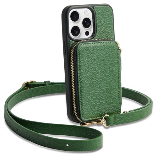 ZVE for iPhone 13 Pro Max Wallet Case Crossbody, Zipper Phone Case with RFID Blocking Card Holder Wrist Strap Purse Leather Cover for Women for iPhone 13 Pro Max (6.7 inch)- Dark Green 01 - color: Dark Green, size: iPhone 13 Pro Max, 6.7"