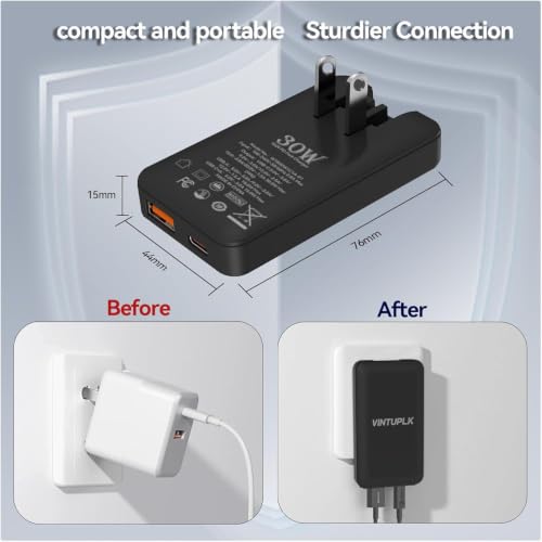 30W Flat USB C Charger, Dual-Port GaN Wall Adapter, Foldable Plug for iPhone 16/15, Galaxy S25/S24, Black - color: 1PCS