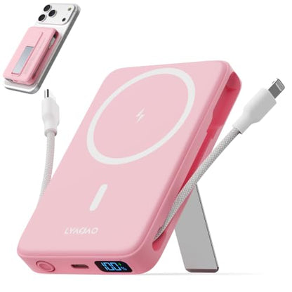 Magnetic Portable Charger 10000mAh, 22.5W Power Bank with Built in Cable - color: Pink