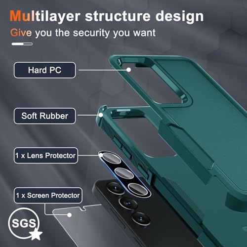 Case for Samsung Galaxy S24 FE, Full Body Heavy Duty Rugged Shockproof Protective Phone Cover with Lanyard Strap, Tempered Glass Screen Protector and Camera Lens Cover, Dark Green | Rugged Shockproof Protective Case,with Tempered Glass Screen Protector +