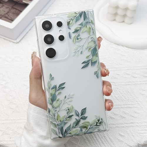 for Samsung Galaxy S23 Ultra Case, Green Leaves | Cute Floral Flowers Clear Aesthetic Green Leaves Pattern Case for Women Girls,Slim Soft Shockproof Cover for S23 Ultra - color: Green Leaves, size: for Samsung Galaxy S23 Ultra