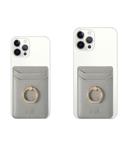 Card Holder Sleeve with Ring, RFID Credit Wallet PU Leather Stick On Back Grip for iPhone Samsung Smartphone - Silver - color: Silver