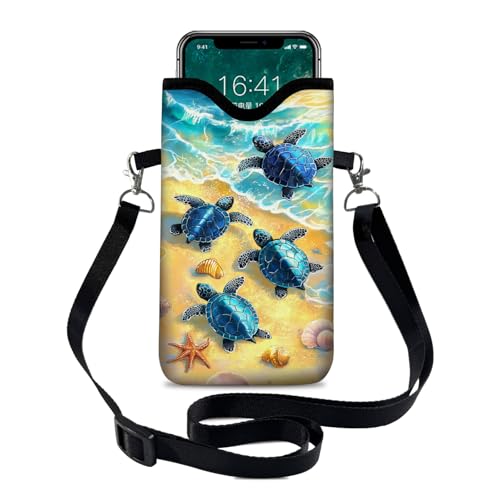 Neoprene Cell Phone Sleeve Pouch Case Bag with Crossbody Strap Neck Lanyard for Women 7.1 X 3.9 in Cute Turtle - color: Cute Turtle