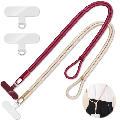 KITANIS 2 Pack Phone Lanyard,2×Phone crossbody strap,4×Tether Tabs,Universal Cell Phone Multifuctional Patch Polyester Lanyards,Cell Phone Lanyards for Women and Men(wine+light camel) - color: Wine+light Camel, size: 24.8''Crossbody Strap