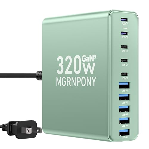 320W USB C Charger Block, MGRNPONY 10-Port GaN USB C Charging Station Green - color: Green