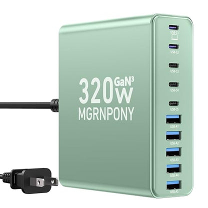 320W USB C Charger Block, MGRNPONY 10-Port GaN USB C Charging Station Green - color: Green