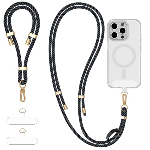 4-IN-1 Phone Lanyard Crossbody & Wrist Strap Kit with 2 Pack Tabs - color: Black Grey