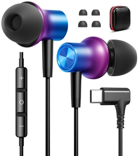 USB C Earbuds Wired Headphones Small Ear Buds with Mic for Apple/Android - color: Purple