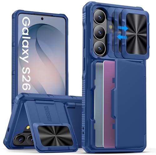 SSLOTSCASE for Samsung Galaxy S26 Case with Card Holder (3-5 Cards) [RFID Protection] & Stand & Sliding Camera Cover, Military-Grade Drop Protection Rugged Sturdy Phone Case for Galaxy S26 6.3", Blue - color: Blue, size: S26