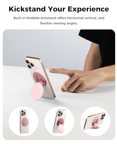 Two-Sided Magnetic Phone Ring Holder for MagSafe, Magnetic Cell Phone Grip Stand Finger Ring Kickstand Compatible with iPhone /17/16/15/14/13/12Pro Max MagSafe Accessories (Pink Metal)