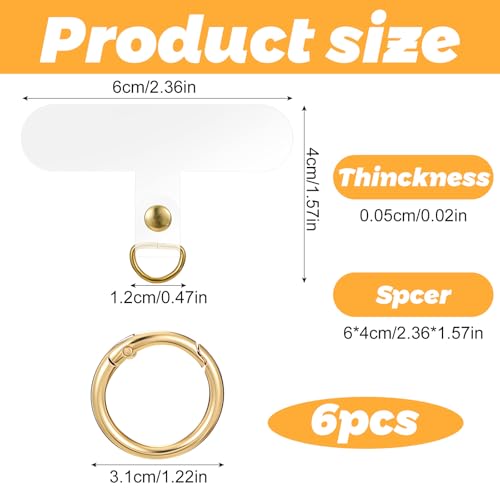 6Sets Phone Tether Tab Heavy Duty, Universal Cell Phone Lanyard Tab with Metal Spring Rings, Phone Patch Connector without Adhesive, Clear Phone Teather Tab Replacement for Phone Case Keychain (Clear)