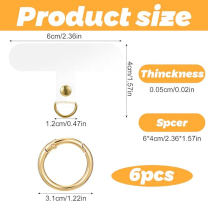 6Sets Phone Tether Tab Heavy Duty, Universal Cell Phone Lanyard Tab with Metal Spring Rings, Phone Patch Connector without Adhesive, Clear Phone Teather Tab Replacement for Phone Case Keychain (Clear)