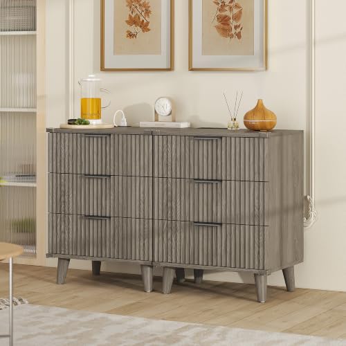Lulive Wood Bedside Table w/Charging Station, 3 Drawers Fluted Dresser - color: Dark Grey, size: 3 Drawers-Set of 1 Nightstand