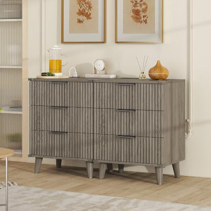 Lulive Wood Bedside Table w/Charging Station, 3 Drawers Fluted Dresser - color: Dark Grey, size: 3 Drawers-Set of 1 Nightstand