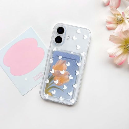 NITITOP Compatible with iPhone 16 Plus Case Clear with Card Holder Cute White Love Heart Pattern Design Design Soft TPU Shock-Absorbing Wallet Case Protective Cover - White - color: White, size: iPhone 16 Plus