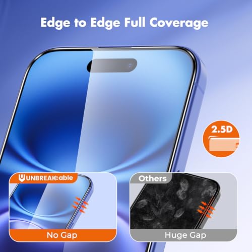 UNBREAKcable for iPhone 16 Screen Protector, 6-Pack Full Coverage Tempered Glass [Military Grade Shatterproof] [9H Hardness] [Easy Installation Frame] [Bubble Free] for iPhone 16 6.1" - size: iPhone 16/15 (Pack of 2)
