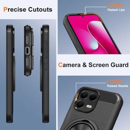 Compatible for T-Mobile REVVL 8 Pro / T Phone 3 Pro 5G Phone Case with Screen Protector, 360° Rotatable Ring Holder & Kickstand, Shock Absorbing Flexible TPU Rubber Protective Cover Case (Black) - color: Revvl 8 Pro Black