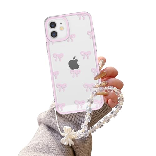 EYZUTAK Case for iPhone 12, Clear Cute Ribbon Bowknot Aesthetic Phone Case with Charm Bracelet Chain Raised Camera Protection Stylish Soft Durable TPU Protective Cover for Women Girls - Pink - color: Pink, size: iPhone 12