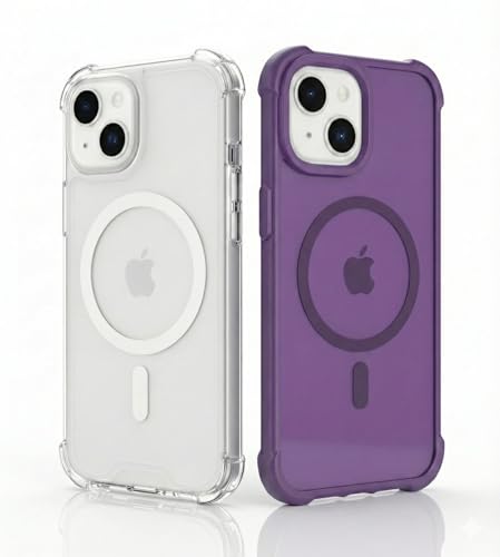 Pack of 2 IPHONE 15 Case Clear MagSafe + Purple , 2.5mm Shockproof Military Grade Drop Protection, Hard Transparent Anti Yellowing Back, Airbag Corners, MagSafe Compatible Clear & Color Combo - color: Clear MagSafe + Purple, size: IPHONE 15