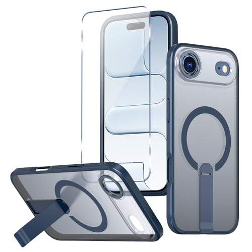 Magnetic for 17 iPhone Air Stand Case with Screen Protector, [Full Camera Protection] (Compatible with MagSafe) Military Grade Drop Protection, Translucent Matte Bumper Cover Case, Blue - color: IP 17 Air Blue