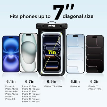 JOTO Up to 7" Universal Waterproof Phone Case for iPhone 17 Air 16 15 14 13 12 11 Plus Pro Max, IPX8 Cellphone Dry Bag XR X SE, Galaxy S23 S22 S21 S20+ S20 S10 Plus Note, Pixel -Black | IPX8 Dry Bag for iPhone 17 16 15 14 13 12 11, Galaxy S23 S22 S21 S20,