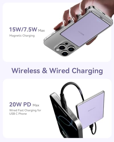 Kuulaa Magsafe Battery Pack 5000mAh, 0.27 in Ultra Slim Magsafe Portable Charger Slim Magnetic Apple Portable Charger 20W Power Delivery Power Bank for iPhone 17/16/15/14/13/12 Series,Black (Purple) - color: Purple