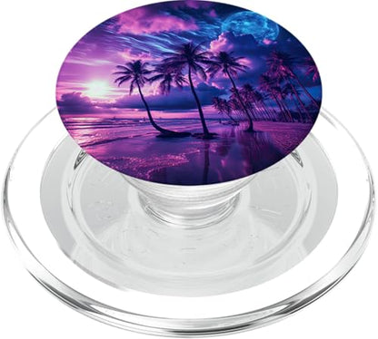 Palm Tree on the Beach at Sunset tropical purple PopSockets PopGrip for MagSafe - style: Magnetic PopGrip