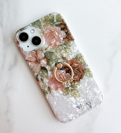 Qokey for iPhone 13/14 Case 6.1 inch,Flower Design Cute Clear for Women Girls with 360 Degree Rotating Ring Kickstand Soft TPU Shockproof Cover Brown Floral - color: Brown