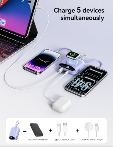 Portable Charger 10000mAh 22.5W Power Bank Built-in 2 Cables Keychain | Charge 5 Devices, TSA approved, Travel Fast Charging Battery Pack for iPhone Samsung Google Android & iWatch Charger, Purple - color: Purple