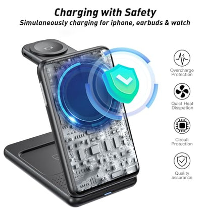 Upgraded 3-in-1 Magnetic Wireless Charger, Foldable Charging Station, Electromagnetic Induction Base,Compatible with MagSafe,Compatible with iPhone 12-17 Series, Apple Watch, and AirPods