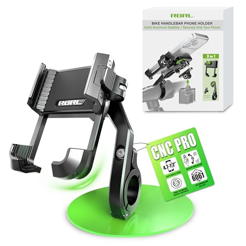 RBRL Bike Phone Mount,1s Quick-Lock Bicycle Handlebar Phone Holder,CNC Machined & Forged Aluminum for Ultimate Stability,Anti-Shake V-Shape Clamp for Ebike,No Camera Block,Fits 4.7–7.2" Phones - color: handlebar mount