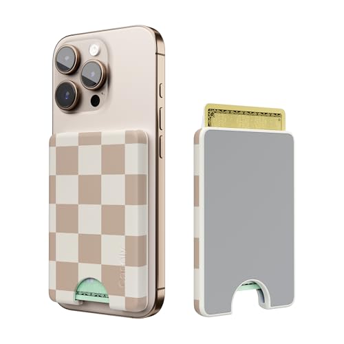 Casely MagWallet | Fit Check | Neutral Checkerboard | Slim Wallet Card Holder | Compatible with MagSafe | Soft-Touch Hard Silicone | Holds Up to 3 Cards - color: Fit Check | Neutral Checkerboard