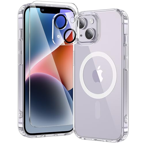 toushion 3 in 1 for iPhone 14 Case Clear with MagSafe, Not Yellowing, Screen Protector*1 Camera Lens Protector*1, Military-Grade Protection for iPhone 14 Phone Case 6.1 inch Clear - color: Clear, size: iPhone 14（6.1"）