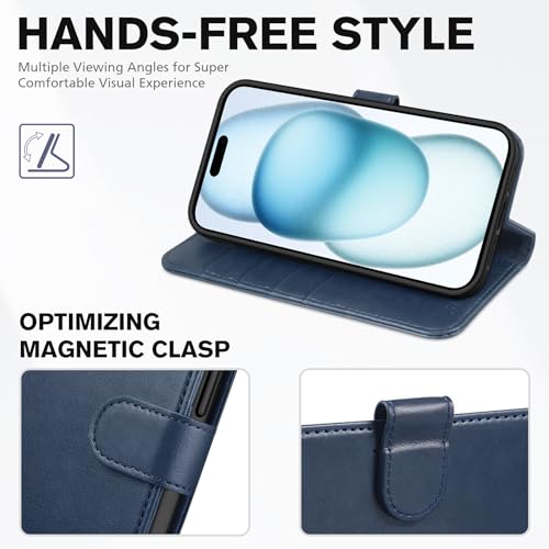 TUCCH Case Wallet for iPhone 15 (6.1") 2023, RFID Blocking Folio, Dark Blue | 4 Card Holders, Kickstand, PU Leather, Magnetic Closure, Shockproof TPU Shell, Protective Flip Cover - color: Dark Blue