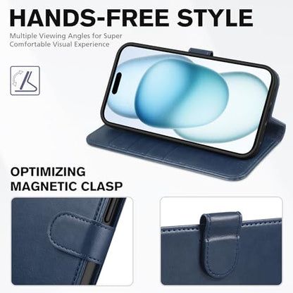 TUCCH Case Wallet for iPhone 15 (6.1") 2023, RFID Blocking Folio, Dark Blue | 4 Card Holders, Kickstand, PU Leather, Magnetic Closure, Shockproof TPU Shell, Protective Flip Cover - color: Dark Blue